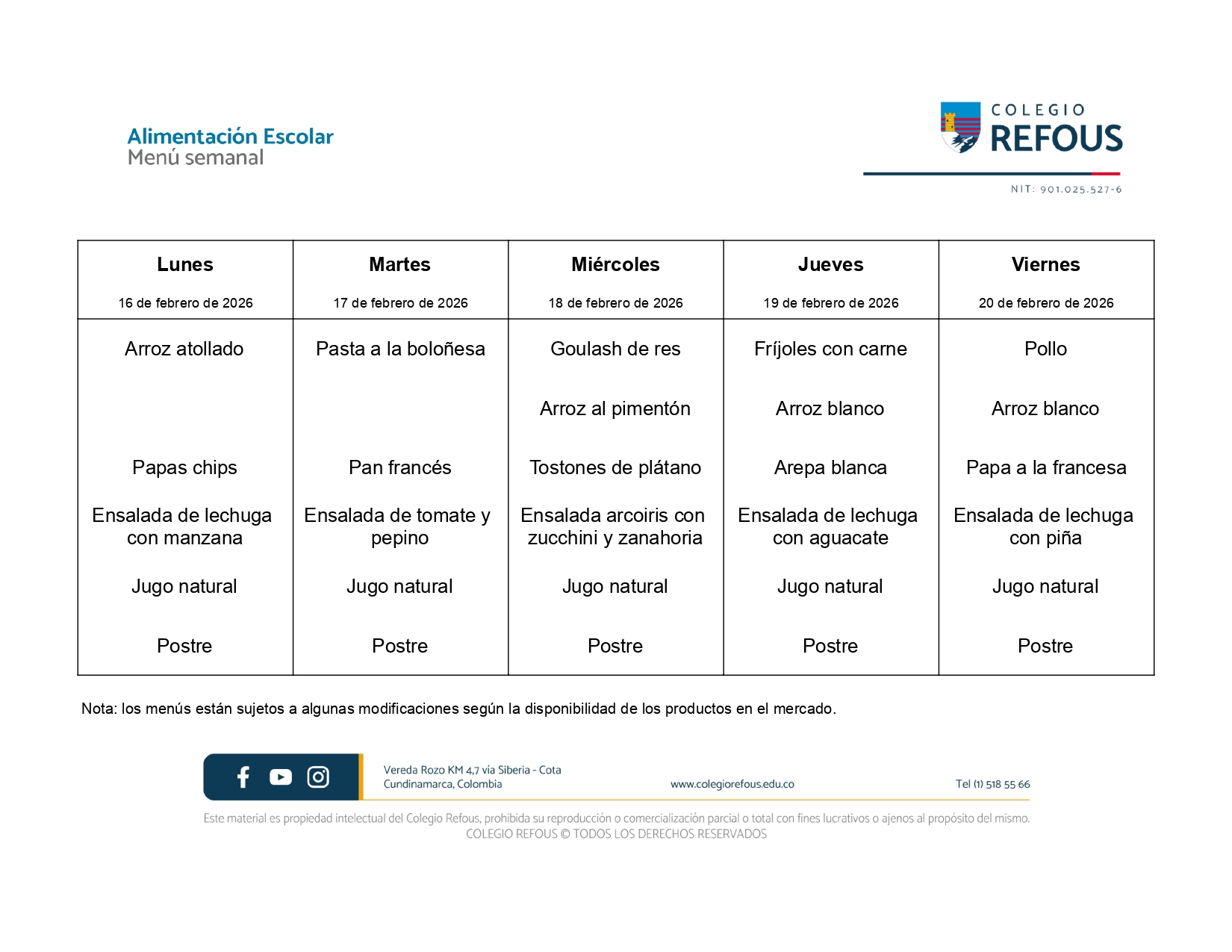 16 al 20 de febrero de 2026 - Alimentación escolar