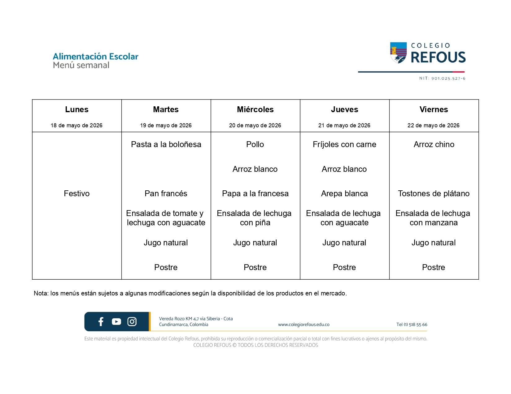 18 al 22 de mayo de 2026 - Alimentación escolar